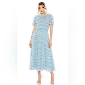 New With Tags Mac Duggal Light Blue Layered Midi Dress